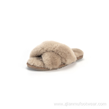 Shearling Flat Sandals Cross Strap Slippers